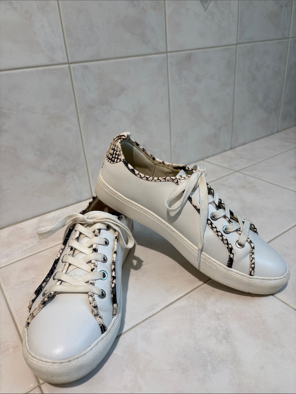 Ann Taylor Leather White Sneakers with Snake-Print Trim